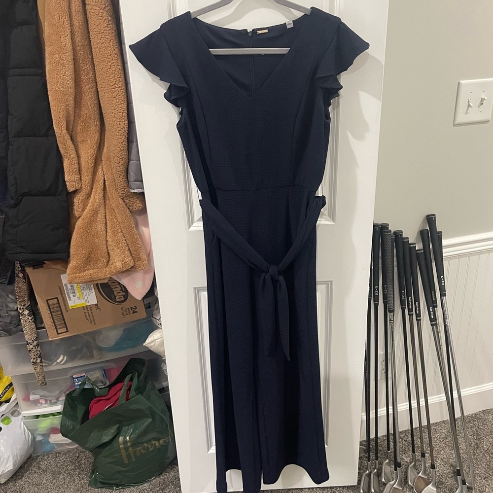 V-Neck Flutter Sleeve Maxi Dress with Self-Tie Waist in Navy